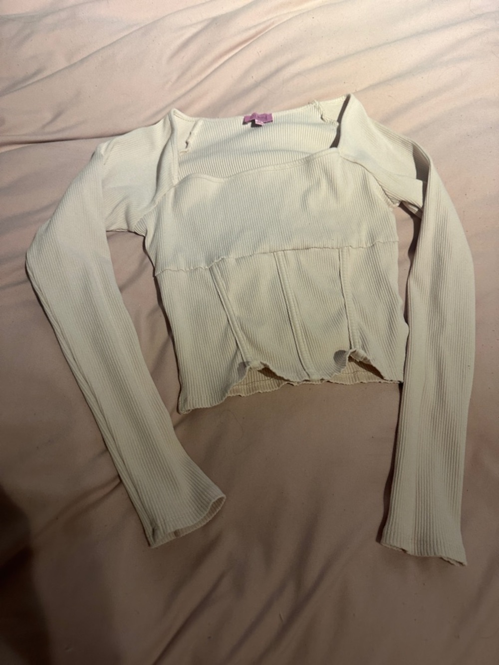 miami Cream Ribbed Long Sleeve Square-Neck Top